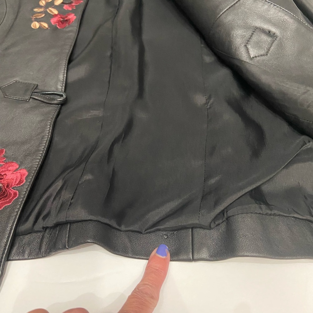 BELLE SPORT Womens Black Leather Jacket Blazer Floral Embroidery Throughout S - Picture 15 of 17